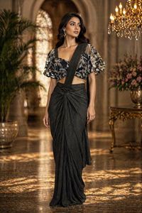 Elegante Sari de Seda Negra con Blusa con Estampado Brillante para Bodas, Estilo Indio-Pakistaní, Largo hasta el Suelo, Corte Regular para Mujer - Product Image 1