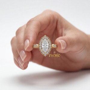 Anillo de compromiso de lujo vintage de oro de 18 quilates con corte marquesa y halo, joyería fina, anillo de diamantes con milgrain, regalo de aniversario - Product Image 3