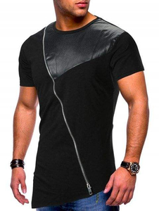 เสื้อยืดหนังดีไซน์พิเศษ แขนหนัง PU สำหรับผู้ชาย/เสื้อยืดหนังสั่งทำขายส่ง - Product Image 4