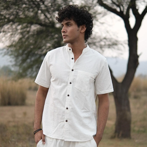 Premium <b>Men</b> Handwoven White Cotton Mandarin Band Collar Short Sleeve <b>Kurta</b> Shirt Eco-Friendly Breathable Summer Fashion - Product Image 3