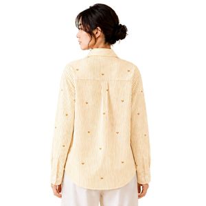 Chemisier ample décontracté en coton à rayures jaunes et blanches pour femme, avec broderie cœur, manches longues et boutonnage - Product Image 2