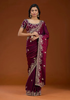 Sari en tissu chiffon épais écologique, broderie quatre saisons, travail Zari, motif fantaisie, bordure ajourée