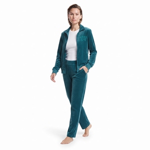Ensemble deux pièces en velours pour femme, coupe classique, survêtement en velours avec veste zippée et pantalon assorti, fabricant en gros - Product Image 2