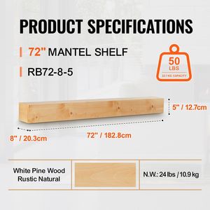 Caminetto in Legno Naturale da 72 x 8 x 5 Pollici, Montaggio a Parete, Stile Rustico, Capacità di Carico 50 Libbre - Product Image 3