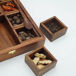 Handcrafted Wooden Masala Box with Compartments Spoon – Multipurpose <b>Spice</b> <b>Storage</b> Organizer with Transparent Lid - Product Image 2