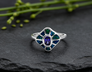 Vintage Geometric 925 <b>Silver</b> <b>Ring</b> with Oval Sapphire and Blue <b>Opal</b> Inlay Bezel Setting Unisex Gemstone Jewelry - Product Image 1