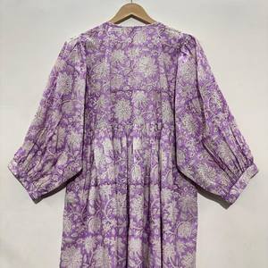 เดรสลำลองผู้หญิงผ้าฝ้ายทรงมิดิ แขนทรงบอลลูน เอวทรงเอ็มไพร์ ทรงเบบี้ดอลล์ ผ้าฝ้าย 100% ทรงโอเวอร์ไซส์ หลวม สวมใส่สบาย คอวี ลายดอกไม้ - Product Image 3