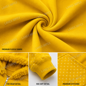 Sweat-shirt à capuche jaune personnalisé pour homme avec strass, manches et poches cloutées, fermeture éclair intégrale, style streetwear tendance - Product Image 5