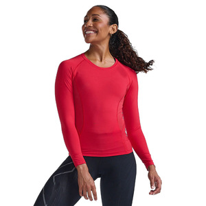 Haut de yoga à manches longues et col rond pour femme, rouge uni, design froncé, t-shirt de compression anti-transpiration, coupe régulière, vêtements de sport - Product Image 5