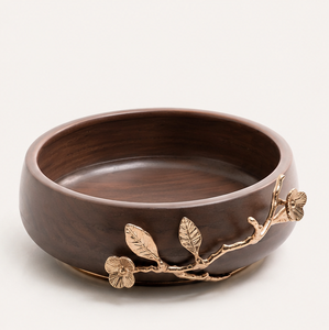 Tazón para servir hecho a mano con madera de acacia y detalles florales de latón dorado de lujo, ecológico, grande, decorativo, para ensaladas y frutas. - Product Image 5