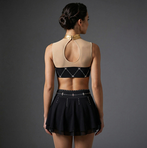 Ensemble d'uniforme de cheerleading noir avec strass, haut en mesh et jupe évasée pour adultes - Product Image 4