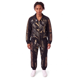 custom <b>womens</b> black gold tracksuit set geometric graphic print zipper <b>jacket</b> elastic pants 2 piece streetwear casual sweat suit - Product Image 1