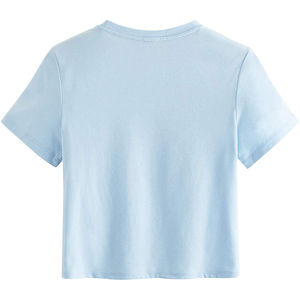 เสื้อยืดครอปสีชมพูสำหรับผู้หญิง แขนสั้น คอกลม พิมพ์ลายแฮปปี้ ลำลอง ทรงหลวม ผ้าเจอร์ซีย์คอตตอน เสื้อท่อนบนสำหรับฤดูใบไม้ผลิและฤดูร้อน - Product Image 4