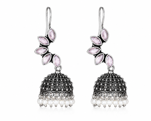 Vintage Oxidized <b>Silver</b> Pink Marquise Stone Pearl Jhumka <b>Earrings</b> for Women | Handmade Boho Ethnic Indian Statement Jewelry - Product Image 1