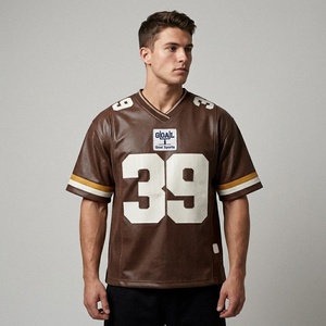 Maillot de football rétro surdimensionné personnalisé en maille, col en V, rayures marron et blanc, manches courtes, style vintage américain, t-shirt de sport pour homme - Product Image 1