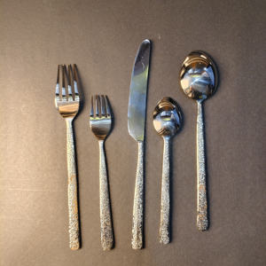 5-Piece Textured Pebble-Pattern Handle Silverware Set Including <b>Dinner</b> fork, salad fork, <b>dinner</b> <b>knife</b>, teaspoon, and soup spoon. - Product Image 5