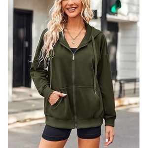 Sudadera con capucha informal cómoda de algodón 100% para mujer, de manga larga, cuello redondo, hombros caídos, color liso, con cremallera, al mejor precio al por mayor - Product Image 2
