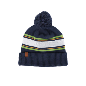 Navy Wool Knit Breathable Waterproof Beanie <b>Hat</b> with <b>Pom</b> <b>Pom</b> Fold Cuff Warm Casual Winter Cap - Product Image 1