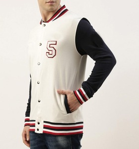 <b>Men's</b> PU Varsity <b>Jacket</b> <b>White</b> Body Navy Sleeves Embroidered Number 5 Button Closure Preppy Style Windproof Autumn OEM Service - Product Image 3