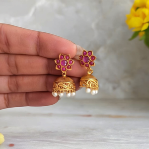 Ruby Small Jhumka Earrings-Gold Plated Brass Ethnic Charm Earrings with Zircon Amethyst & Pearl for Wedding - Product Image 3