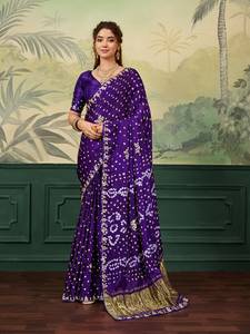 Bollywood Style Bridal <b>Red</b> Pure Gajji Silk Bandhani <b>Saree</b> with Handmade Gota Patti & Zari Work - Product Image 1