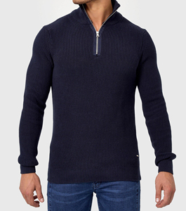 FONILBEST SPORTS WEARS Men's Navy Blue Knitted <b>Pullover</b> <b>Sweater</b> Regular Fit Solid Color Full Sleeve 1/4 Zipper Breathable 100% - Product Image 1