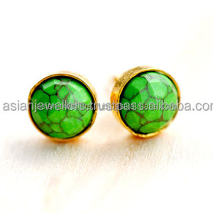 925 Sterling Silver Green Turquoise Gemstone Stud Boucles d'oreilles Or Vermeil Lunette Setting pour Fiançailles Mariage ou Cadeau - Product Image 1