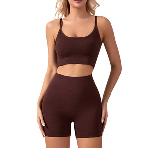 Best Selling Wholesale Custom Women Seamless Ribbed Yoga Set Sports Bra High Waist Biker <b>Shorts</b> OEM Private Label Manufacturer - Product Image 3