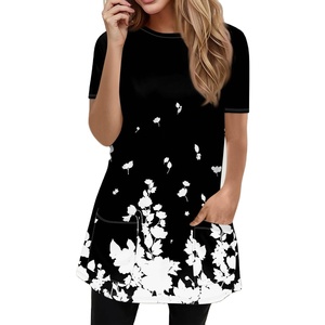 Camiseta de punto de manga corta informal para mujer de algodón azul 100%, Jersey prelavado, Letra de encaje, estampado directo de fábrica Natural DTG - Product Image 6