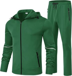 Solid Color Casual Windproof Polyester Fabric Autumn Sport Outfit Men's Hooded Tracksuit 2 Pieces Set Full <b>Zip</b> Jacket Sweatpants - Product Image 2