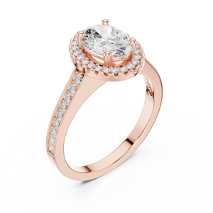 Anillo de compromiso Art Deco con halo de moissanita ovalada creada en laboratorio para mujer, de oro rosa y acero inoxidable con detalles de cuerda trenzada y pavé. - Product Image 4