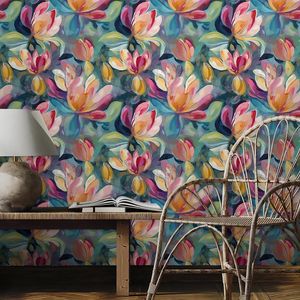 Carta da Parati Adesiva Floreale Vintage con Magnolia Verde Sfumata e Fiori Rosa/Rossi, Arte Astratta - Product Image 4