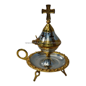 Luxury Brass Incense Burner with Tray <b>Decorative</b> Cross Top Church Censer Handmade Religious Incense Holder for Prayer <b>Decor</b> - Product Image 1