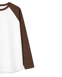T-shirt à manches longues raglan personnalisé marron et blanc pour homme, en coton, décontracté, col rond contrastant, style baseball, fabricant et fournisseur OEM - Product Image 4