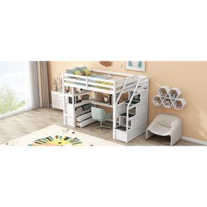 Letto a soppalco bianco singolo con scrivania e scaffali, due cassetti integrati e scala contenitore per bambini - Product Image 5