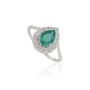 Produits très demandés : Bague halo en émeraude zambienne et diamant, forme poire, bijoux de mariage unisexes, or blanc massif 14 carats. - Product Image 3