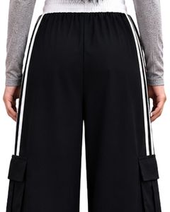 Pantalones Cargo Anchos Personalizados para Mujer, Color Negro, con Rayas Laterales Blancas, Cintura Alta, Estilo Urbano, Corte Holgado, Joggers Casuales - Product Image 6