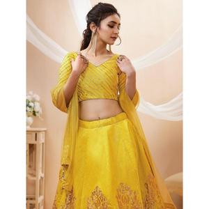 ชุดเดรสผ้าไหมสีเหลืองสวยงามชุดเดรส lehenga choli ขนาด dupatta XS ประดับด้วยเลื่อม - Product Image 4