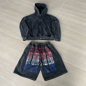Ensemble de survêtement unisexe noir, rouge et bleu imprimé, à capuche, respirant, avec cordon de serrage, manches longues, coupe ample, décontracté, sweat-shirt et short - Product Image 3