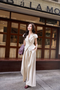Chaleco Elegante para Mujer, Color Crema, con Solapa con Muescas, Manga Corta, un Solo Botón, Corte Entallado, Color Sólido, Tela de Lana, NERINA, ODM OEM - Product Image 2