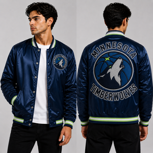 แจ็คเก็ตวาร์ซิตี้ผ้าซาตินสีกรมท่า Minnesota Timberwolves แบบสั่งทำพิเศษ ปักโลโก้ บอมเบอร์แจ็คเก็ตผู้ชาย ขายส่ง OEM ชุดทีม สตรีทแวร์ โรงงานในสหรัฐอเมริกา - Product Image 1