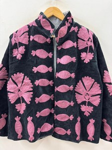 Veste courte en velours noir brodée unisexe, style bohème, pour l'automne et l'hiver, élégante, réversible, doublure en coton, ouverture devant, col mandarin - Product Image 4