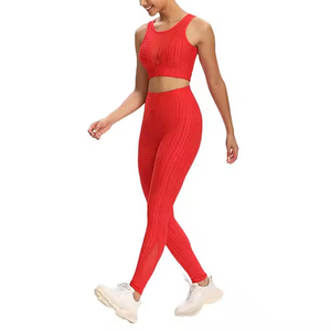 Red Seamless Yoga <b>Set</b> <b>Women</b> High Waisted Leggings Crop Top 2 Piece Sportwear Full Length Racerback Scoop Neck Spandex Polyester - Product Image 1