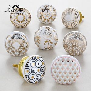Hand Painted Ceramic Brass Cabinet Knob White Round Floral <b>Drawer</b> <b>Pull</b> Decorative Furniture Hardware - Product Image 1