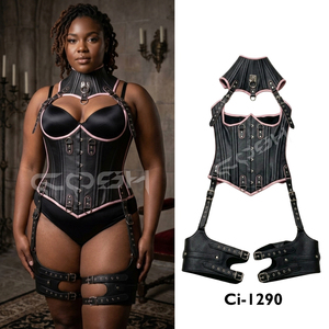 Underbust New Arrival Black <b>Leather</b> Harness <b>Corset</b> Set With Front Busk Closure, Zipper And Clasp Options Are Available - Product Image 5