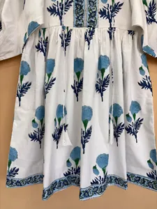 Boho Style Hand Print <b>White</b> Cotton Midi Dress With Tie-Neck Short Sleeve Summer Casual Dress For Women - Product Image 3