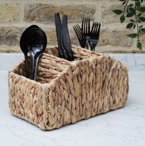 Water Hyacinth Utensil <b>Caddy</b> 4 Compartment Woven Silverware Holder with Handle Wood Beads Decorative Cutlery Basket For Kitchen - Product Image 3