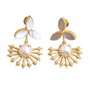 Refined Pearl Drop <b>Earrings</b> With Semi-Precious Stone Pearl Polished <b>Gold</b> Plated And Handcrafted Quality Made Jewelry - Product Image 1