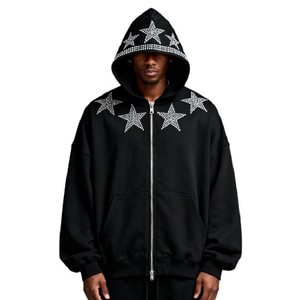 ES Clothes Custom Oversized Zip-up Cotton French Terry <b>Men</b> Sweatshirts <b>Black</b> Drop Shoulder Vintage Rhinestone Y2K Windproof - Product Image 1
