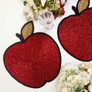 Handmade <b>Beaded</b> Apple Shape Fabric <b>Placemat</b> Red Gold Leaf Design Novelty Table Mat - Product Image 1
